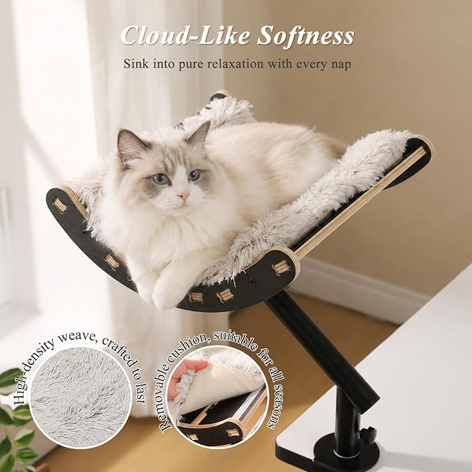 PEQULTI Desk Cat Bed, 360° Rotating Clamp-On Cat Hammock, Wood, Black | Clamps to desk edge (2.4", no drilling); holds 50 lbs; 360° rotating perch, 11.8" high; removable washable cushion