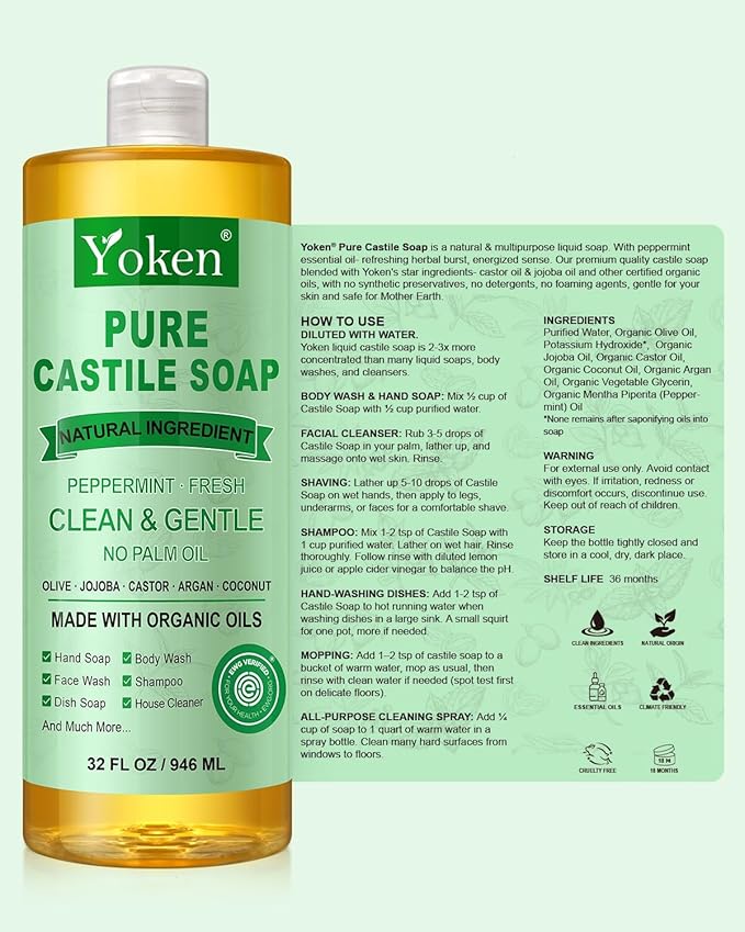 Yoken Peppermint Castile Soap Liquid (EWG Verified, 2pack 32 OZ) Made with Certified Organic Oils, Gentle Peppermint Soap for Body Wash, Face, Dishes, Laundry & More, Vegan Natural Versatile Cleanser