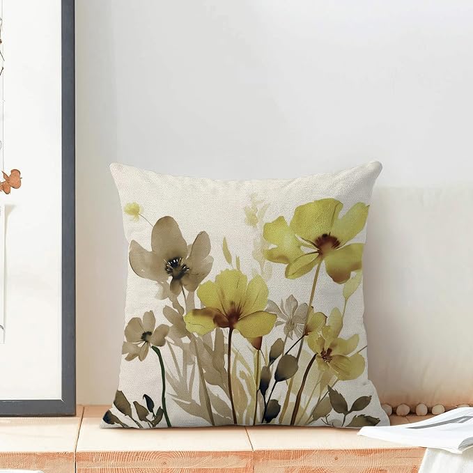 Spring Floral Pillow Covers 18x18 Inches Set of 2 Yellow Brown Floral Throw Pillow Covers Outdoor Rustic Summer Flower Decoration Pillowcase Farmhouse Decorative Cushion Cover for Couch Sofa