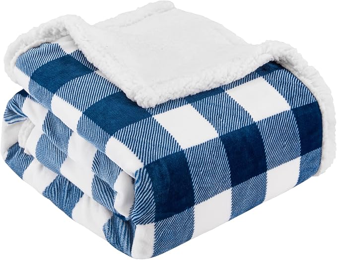 Sherpa Plaid Twin Blanket 60" X 70", Fuzzy Fluffy Soft Cozy Throw Blanket, Twin Size Plush Fleece Flannel Plush Microfiber Blanket for Couch Bed Sofa (Navy)
