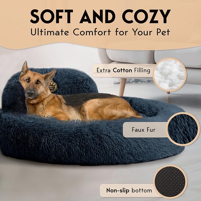 PetJett XL Dog Beds for Large Sized Dog - 45'' Extra Large Dog Bed, Washable Dog Bed - Anti-Slip Super Soft Round Donut Bed, Fluffy Faux Fur Anti-Anxiety Premium Comfort Pet Bed, Fits Dogs upto 120lbs