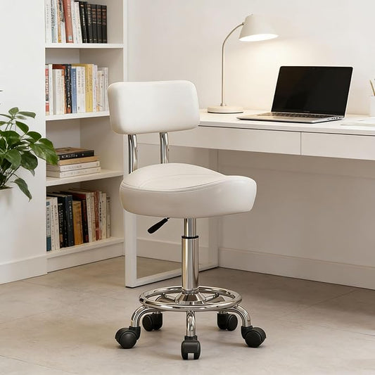 Saddle Stool with Back and Ring Pedal, Adjustable Hydraulic Rolling Chair with Wheels for Salon, Spa, Medical, Massage & Drafting Use White