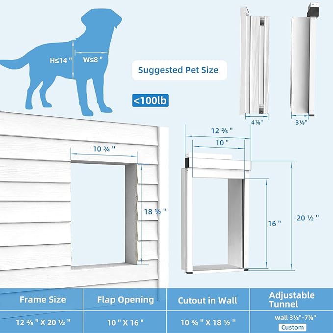 Automatic Dog Door for Wall,Smart Dog Door with Doorbell Active,No Collar | 4 Modes,Electronic Pet Door with Anti-Pinch, Aluminum,Pet-only Access,Telescoping Tunnel,Waterproof Windproof