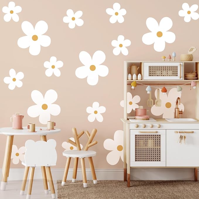 TaoBary 12 Sheet Daisy Wall Sticker Decal,White, Yellow,Stylish Style | Big Flower Wall Sticker, Pink White Floral Decal, Daisy Bedroom Room Decor, Removable Peel and Stick, Nursery Home Wall Decor