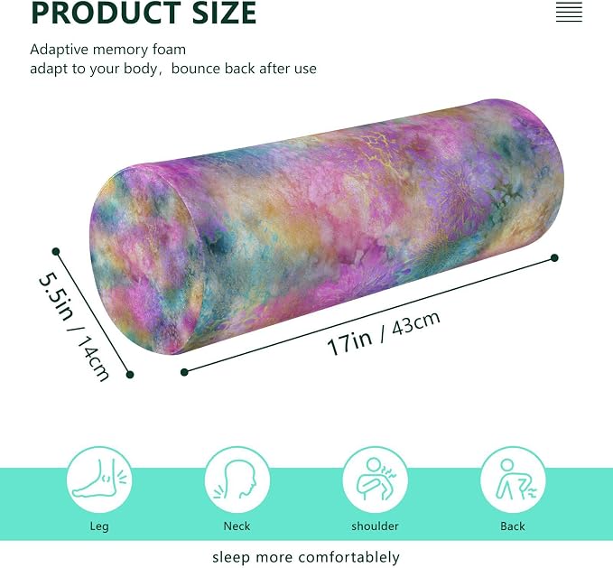 Colorful Floral Tie Dye Neck Roll Pillow Bolster Round Health Memory Foam Long Cervical Cylinder Pillows with Removable Washable Cover for Body Bed Legs Back Yoga