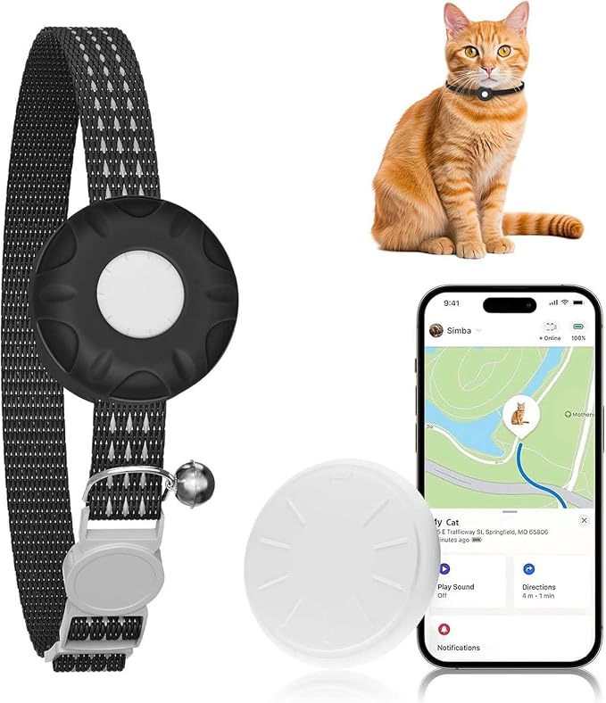 Cat Tracker, MINI Pet Tracker for Cats, Cat GPS Tracker Compatible with Apple Find My App(Only iOS), Real-Time Tracking, Precise Positioning, No Monthly Fee, Smart Alerts, Waterproof