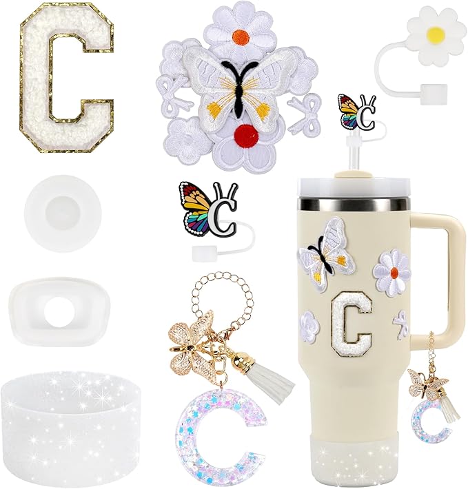 15PCS Cup Accessories Set for Stanley Cup 30oz 40oz Tumbler with Handle, Including Silicone Straw Cover and Boot, Spill Proof Stopper, Stanley Charms, Handle Charm, Initials Sticker