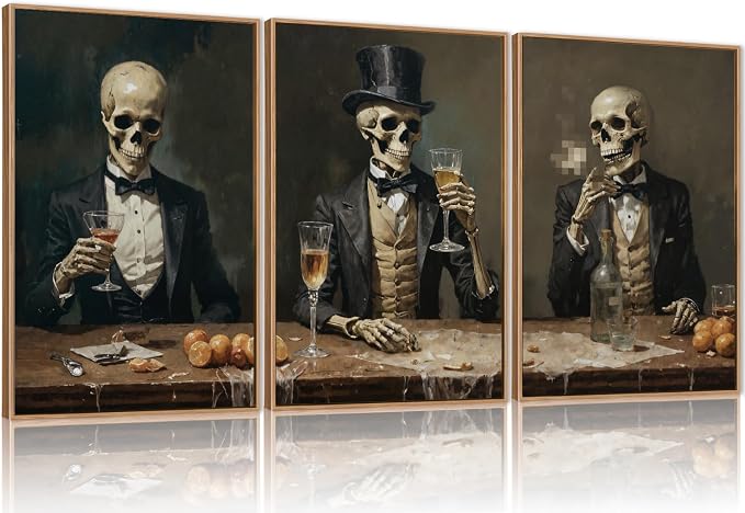 FWIEXA Halloween Skeleton Canvas Wall Art Set of 3, Gothic Skull Framed Painting Artwork, Dark Reaper Prints, Creepy Spooky Decor 16x24In for Party, Bar, Gift, Living Room, Bedroom
