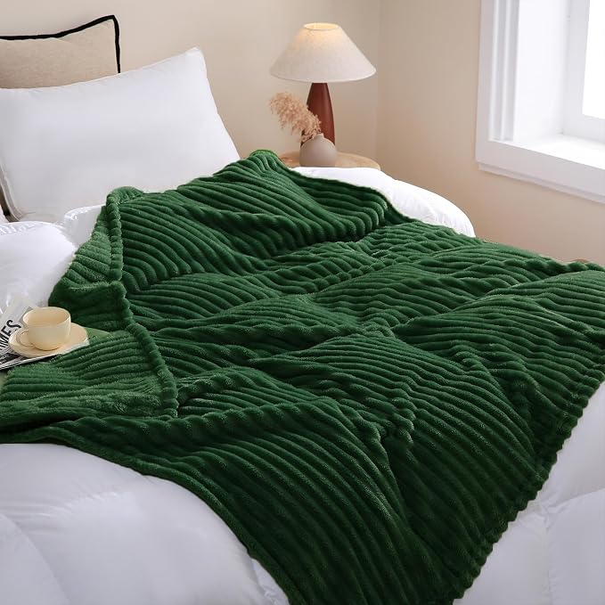 Green Fleece Throw Blanket 90”×90” for Couch Sofa Livingroom | Super Soft Cozy Plush Microfiber Flannel Bed Blanket Striped Design Lightweight Home Decor Gifts for Adults Mom Women
