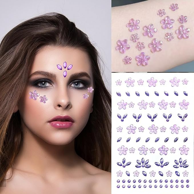 Purple Flower Face Tattoo Sticker - 172+pcs Summer Face Jewelry for Girls- Self-Adhesive Rhinestones for Eyes, Face, Nail Body – Festival Halloween Christmas Cosplay Makeup Decoration (purple)