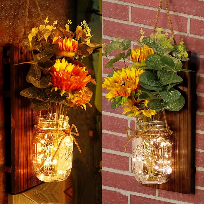 OurWarm Sunflower Wall Sconces Set of Two, Mason Jar Sconces Farmhouse Wall Decor Comes with Remote Control and Warm Toned LED Lights, Rustic Sunflower Decor for Home Kitchen Dining Room Living Room