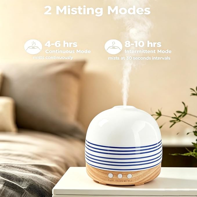 300ML Essential Oil Diffuser, Handcrafted Ceramic Aromatherapy Diffusers for Large Home with Cool Mist Humidifier & Night Light for Bedroom, Office, Yoga, Spa Women Gifts,Blue Stripe
