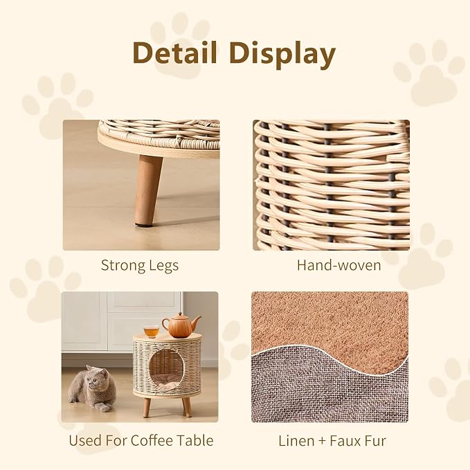 Rattan Cat House End Table, 2-in-1 Cat Bed Side Table, Stylish Pet Furniture for Indoor Cats in Living Room and Bedroom Natural