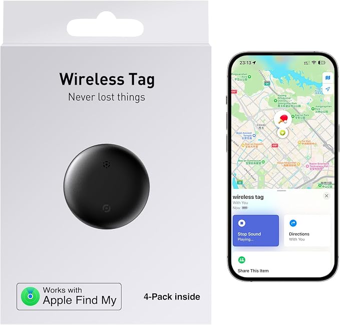 4-Pack Air Tracker Tags: [Apple MFi Certified] Works with Apple Find My (iOS Only) for Worldwide Tracking, Bluetooth Locator with Replaceable Battery for Keys, Pets, Cars, Luggage, Backpacks