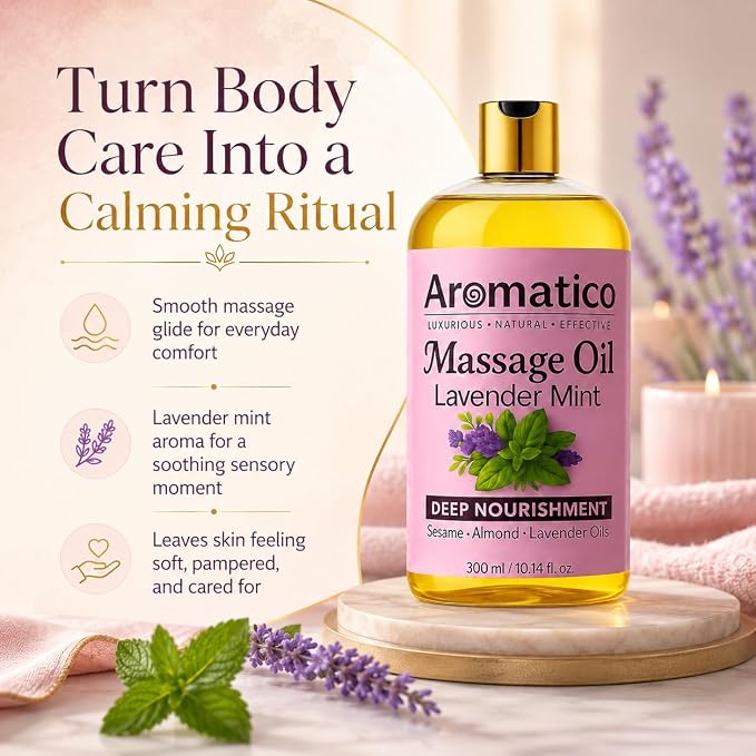 Aromatico Massage Oil with Lavender & Mint Essential Oils, Sesame, Almond & Jojoba Oils Blend, Lightweight Body Massage Oil, 10 Fl Oz