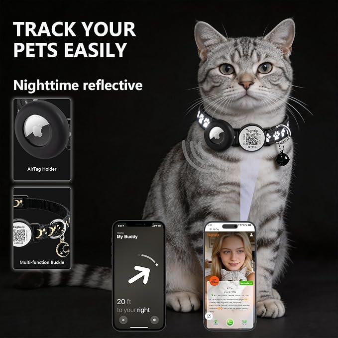 2 Pack Airtag Cat Collar, Breakaway Cat Airtag with Smart ID tag & QR Code Reflective (Star Moon & Paw Pattern - Black, with Integrated AirTag Holder)