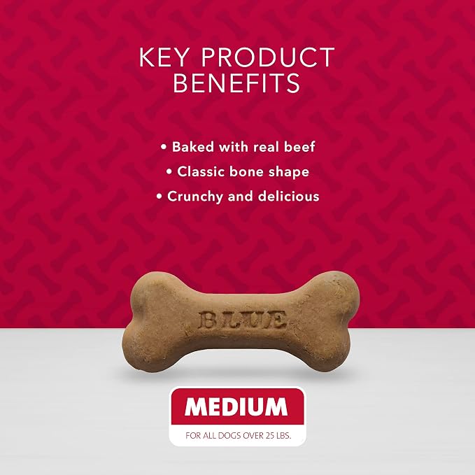 Blue Buffalo Bones Beef Medium Dog Biscuits, 16 oz, 4 ct | Real Beef First, Classic Bone-Shaped Biscuit, No BHA, Meat & Bone Meal, or Artificial Preservatives