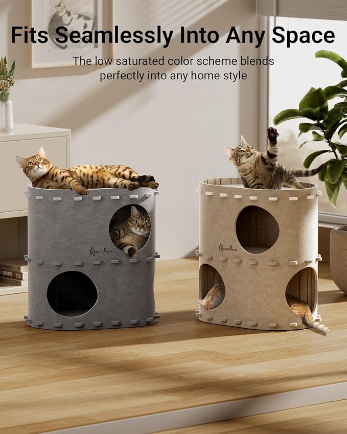 DownyPaws Cat House for Indoor Cats, 2-Storey Cat Bed Cave, Cream | Cat Hideaway Enclosed Bed,Cave Hideout Fort,Kitten Houses for Large Cats,Hide Box Bed Multicats Scratch Resistant