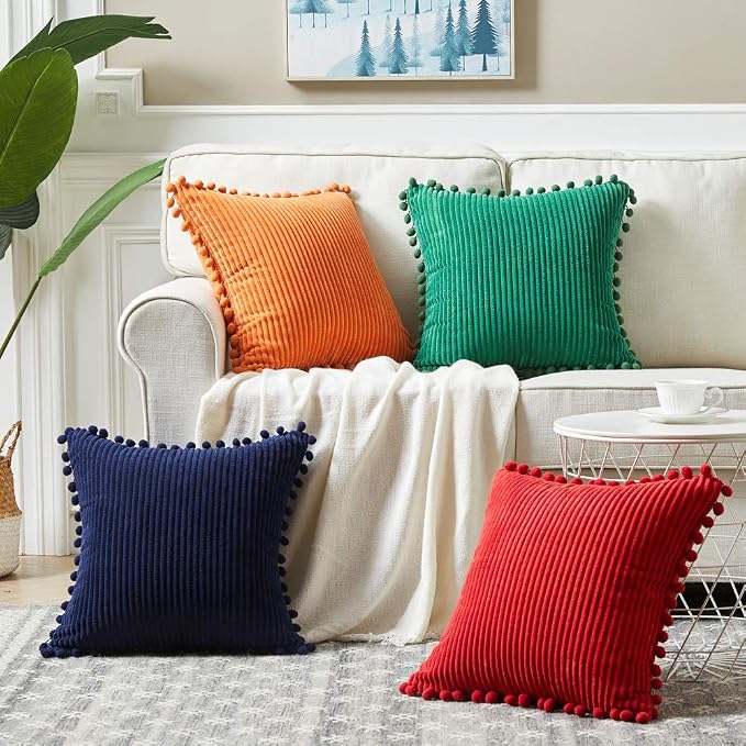 Fancy Homi 2 Packs Brunt Orange Decorative Throw Pillow Covers 22x22 Inch with Pom poms, Fall Home Decor, Soft Corduroy Accent Square Cushion Case for Living Room Couch Bed Sofa 55x55 cm