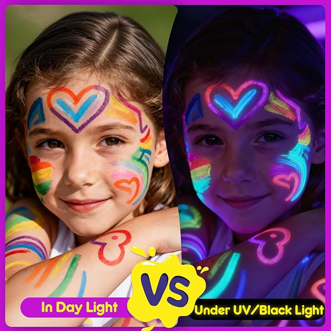 10 Glow in the Dark Face Paint Sticks under UV Light, Christmas Gifts Stocking Stuffers for Kids, Washable Neon Body Paint Crayons, Mess-Free Black Light Paint for Glow Party Supplies Makeup