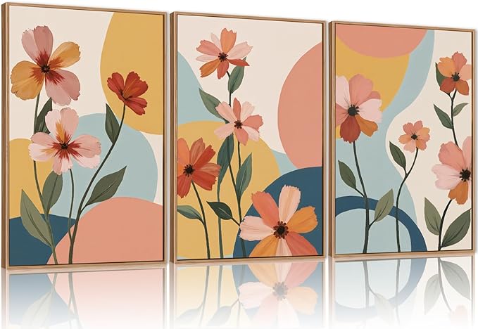 FWIEXA Colorful Flower Canvas Wall Art,Boho Flower Framed Wall Art Pink,Minimalist Wildflower Wall Decor,Abstract Floral Art Prints,Modern Orange Floral Artwork Daisy for Living Room Bedroom 24x36''x3