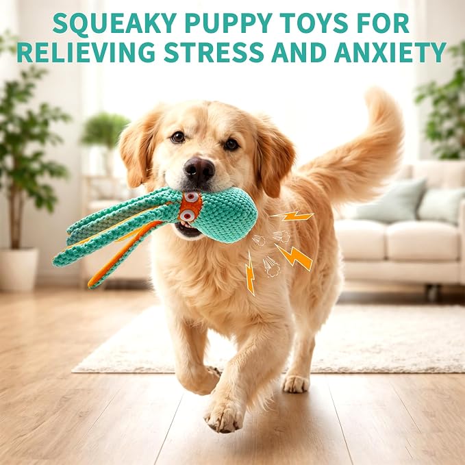 Fuufome Squeaky Octopus Plush Dog Toy for Small Medium Dogs | Soft Crinkle Chew Toy for Puppies Teething, Indoor Interactive Tug-of-War Dog Toy