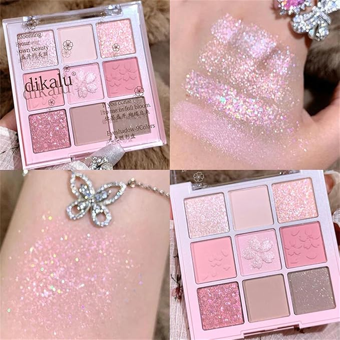 9 Colors Glitter Shimmer Eyeshadow Makeup Palette, Korean Natural Neutral Eye shadow Palettes Highly Pigmented Long Lasting Waterproof Blendable sombras para ojos Pink White Golden Brown