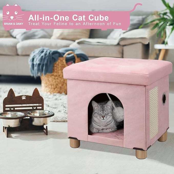 BRIAN & DANY Cat House for Indoor Cats,Cat Bed Cave for Kitten with Scratch Board & Ball,14.5X 12.5X 14.1 inches, Pink