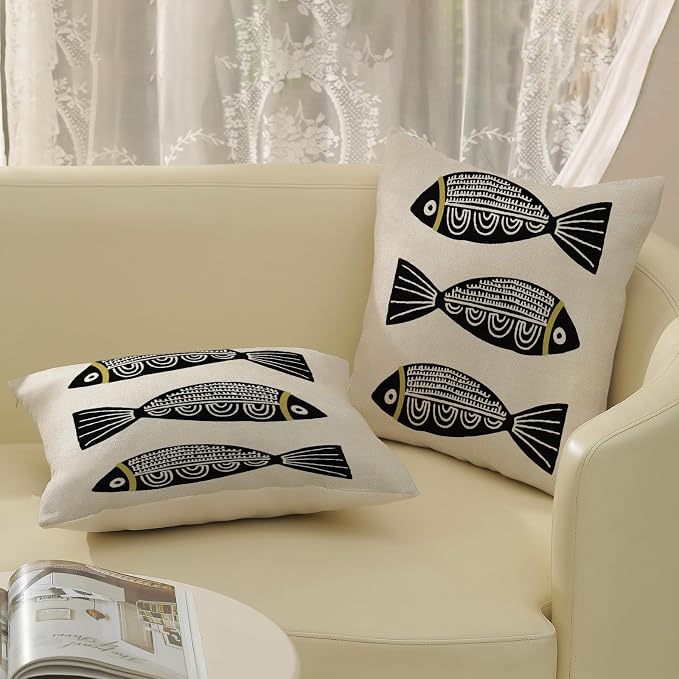 Coastal Pillow Covers 18x18 Inch Set of 2 Ocean Beach Black Fish Throw Pillows Summer Natical Outdoor Decorative Pillow Cases Linen Farmhouse Cushion Cover for Couch Home Sofa Bedroom Decor