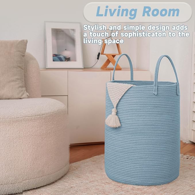 JMvicyroam 100L Cotton Rope Laundry Basket Hamper, Blue | Collapsible laundry basket, reinforced handles, freestanding, machine washable, holds 3-5 thick blankets, clothes or toys