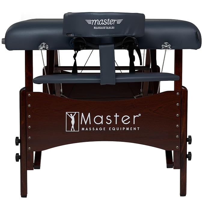 Master Massage Newport Portable Massage Table Package with Denser 2.5" Cushion, Walnut Stained Hardwood, Steel Support Cables, Pillows & Accessories, Royal Blue, 30"