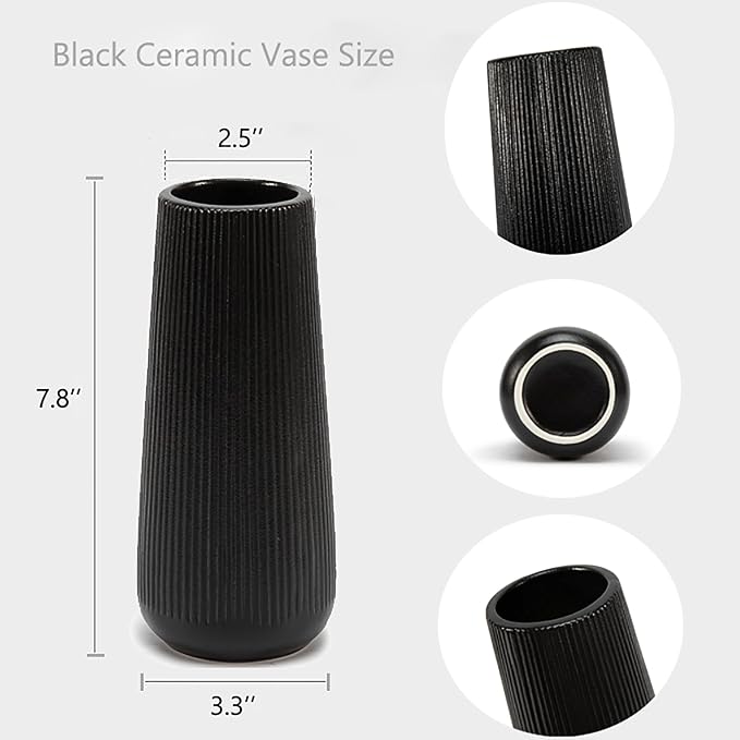7.8''H Ceramic Vase, Pampas Grass Vase, Ribbed Modern Decor, Matte Black | Nordic Minimalist Flower Vase, Black Home Office Decor Vases, For Living Room, Dining Table, Bedroom, Kitchen Shelf