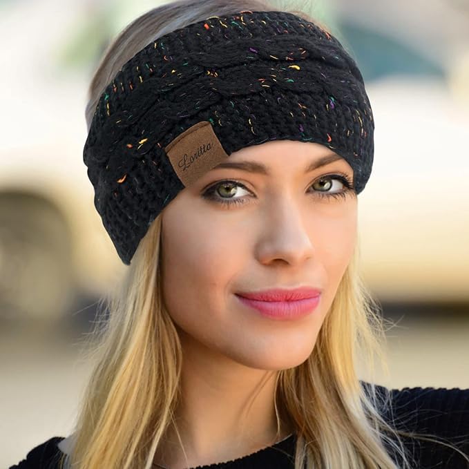 Loritta 2 Pack Headbands for Women Winter Warm Cable Knit Ear Warmer Thick Head Wrap Fuzzy Fleece Lined Gifts
