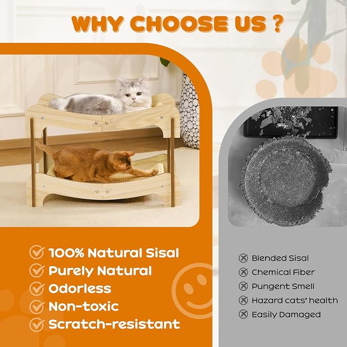 Sisal Cat Scratcher Bed for Indoor Cats, Wooden Cat Furniture | Cat Bunk Bed Natural Sisal Scratch Post for Cats Lounge,Horizontal Cat Scratcher Board to Protect Furniture(Two-Tier)