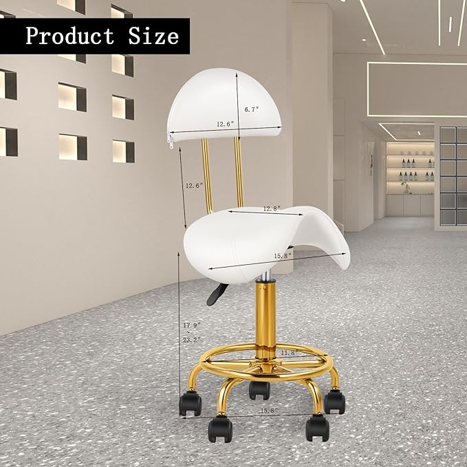 Saddle Chair Rolling Swivel Chair with Soft Comfortable Cushion and Wheels Hydraulic Stool for Home Office Tattoo Salon Shop Use White with Backrest