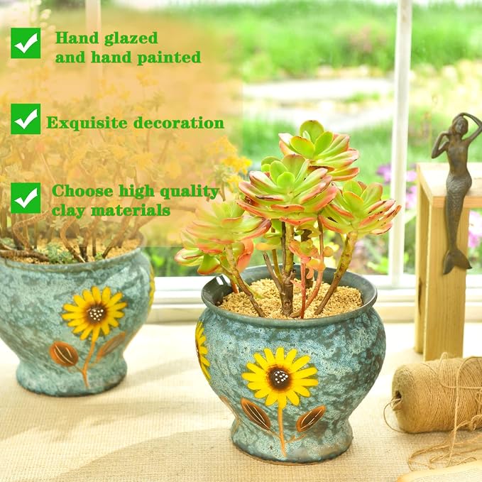 Sungmor 9 Inch Hand Painted Ceramic Succulent Plant Pots - Blue & Daisy | Vintage Decorative Pottery Planters for Indoor Outdoor Plants, Table Centerpieces & Flower Arrangement Home Decor