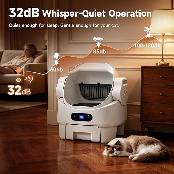 XL Automatic Self Cleaning Open Top Cat Litter Box, White | Multi-Sensor Safety, Ultra-Quiet, Easy Setup, Large Waste Bin, Easy to Clean, for Multi-Cat Homes
