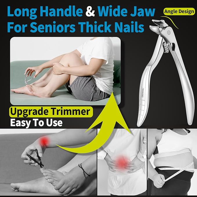 Thick Toenail Clippers, Long Handle Angled Stainless Steel Heavy Duty Toenail Clippers for Thick Toenails, Curved Blade Extended Toe Nail Clippers for Thick Nails for Seniors, Men, Women