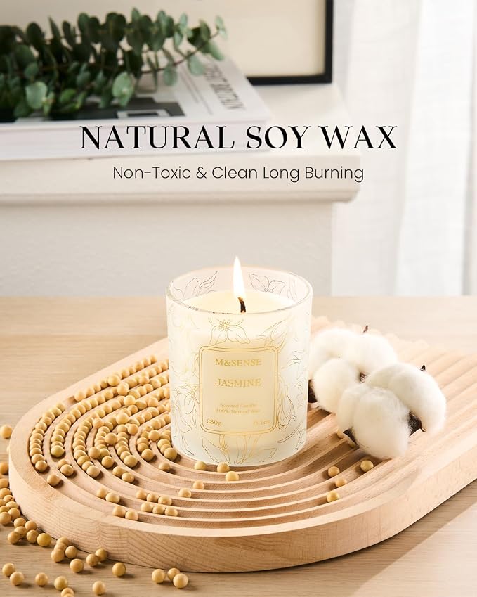 M&SENSE Jasmine Soy Candle, 8.1oz Gilded Glass Floral Gift | 42H Long Burn, Non-Toxic Soy, Gilded Glass, Romantic Floral Scent, Warmer Compatible, Reusable Vase