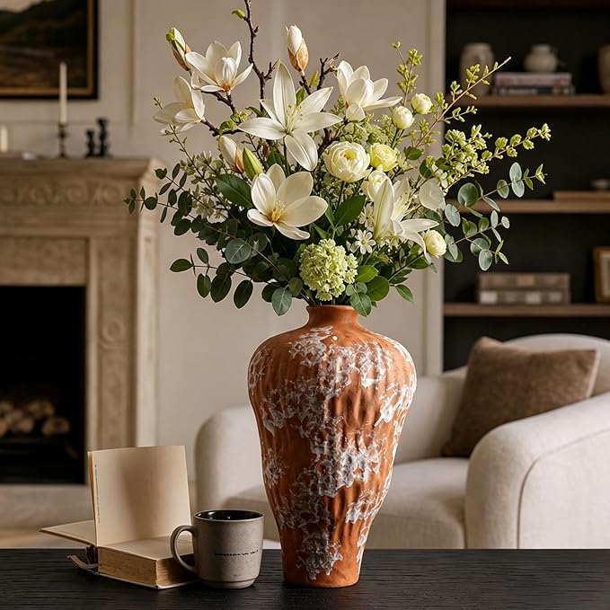 Rustic Farmhouse Terracotta Vase 11.8 inch, Handcrafted Unglazed Rough Clay Decorations with Distinct Natural Texture, Vintage Vase for Living Room Kitchen Bedroom Shelf Dining Mantel Decorations
