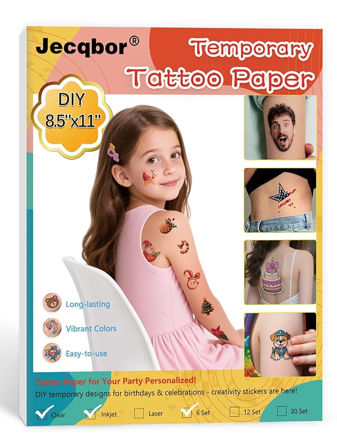 Printable Temporary Tattoo Paper for INKJET Printer, Custom Tattoo Sticker 8.5"X11", DIY Personalized Long-lasting Clear Transfer Paper for Kids, Family, Women, Halloween, Birthday, Parties, Christmas