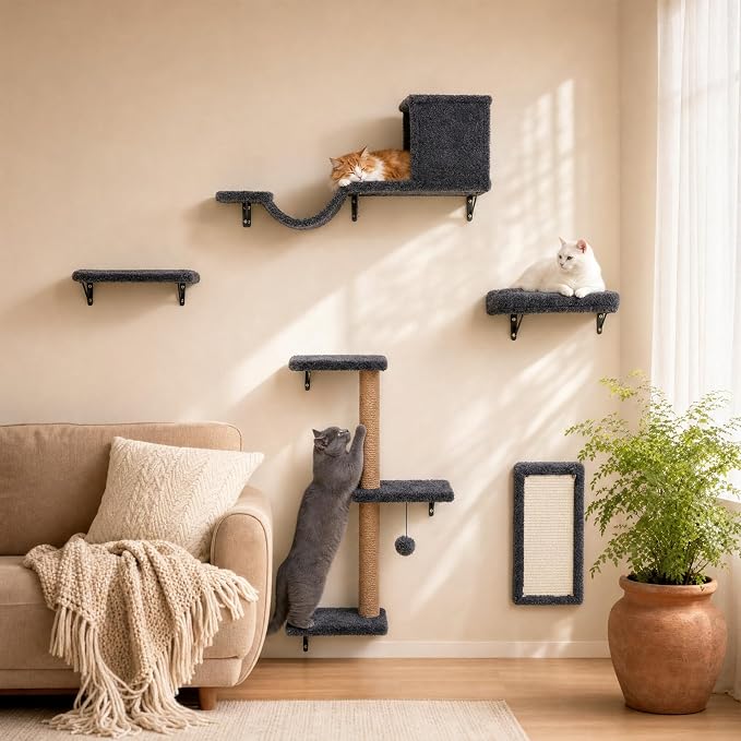 Cat Wall Shelves 6-in-1 Wall Mounted Cat Furniture 40 lbs, Dark Grey | Natural Wood, Bed & Cave & Scratching Post, 40 lbs for Large Cats, Space-Saving, for Living Room & Window