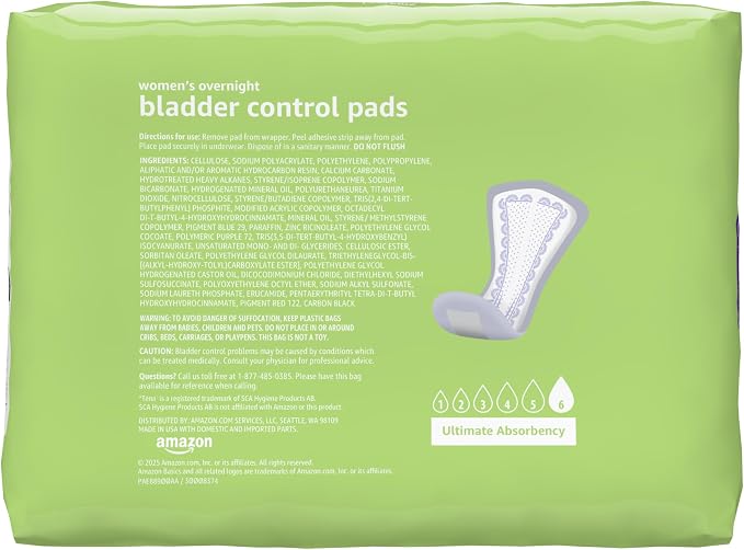Amazon Basics Incontinence Pads for Women, Postpartum Pads, Bladder Control, Overnight Absorbency, Fresh Protection, Unscented, 30 Count (Pack of 2)