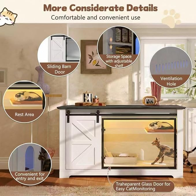 46" Cat Litter Box Furniture with LED, Hidden Litter Box Furniture with Storage, Enclosed Wood Cat House with Stairs & Smart Doors, Farmhouse, Suitable for Living Room Bedroom (46")