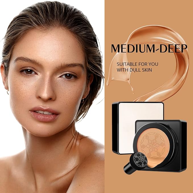 Mushroom Head Air Cushion CC Cream - Long-Lasting & Waterproof New Mushroom Head Screw Lid Concealer Makeup Base for All Skin Types, Create Natural Face Makeup (Medium Deep)