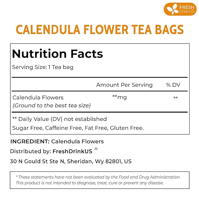 FreshDrinkUS, Premium 55 Calendula Tea Bags, 100% Natural and Pure Calendula Flowers, Eco-conscious Tea Bags. Herbal Tea. No Sugar, No Caffeine, No Gluten, Vegan.