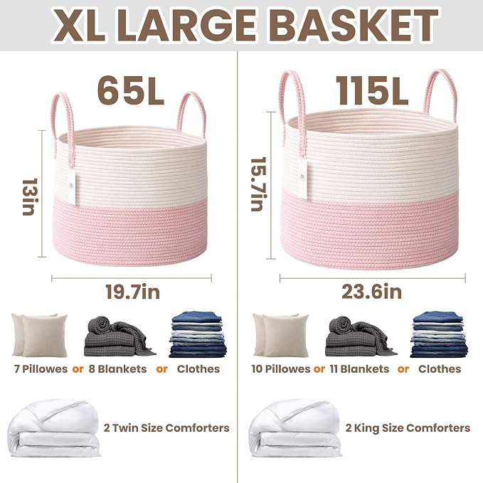 JMvicyroam 65L Extra Large Machine Washable Cotton Rope Blanket Basket | Collapsible laundry hamper, Reinforced handles, For blankets, pillows, toys and clothes, Living room and bedroom, White&Pink