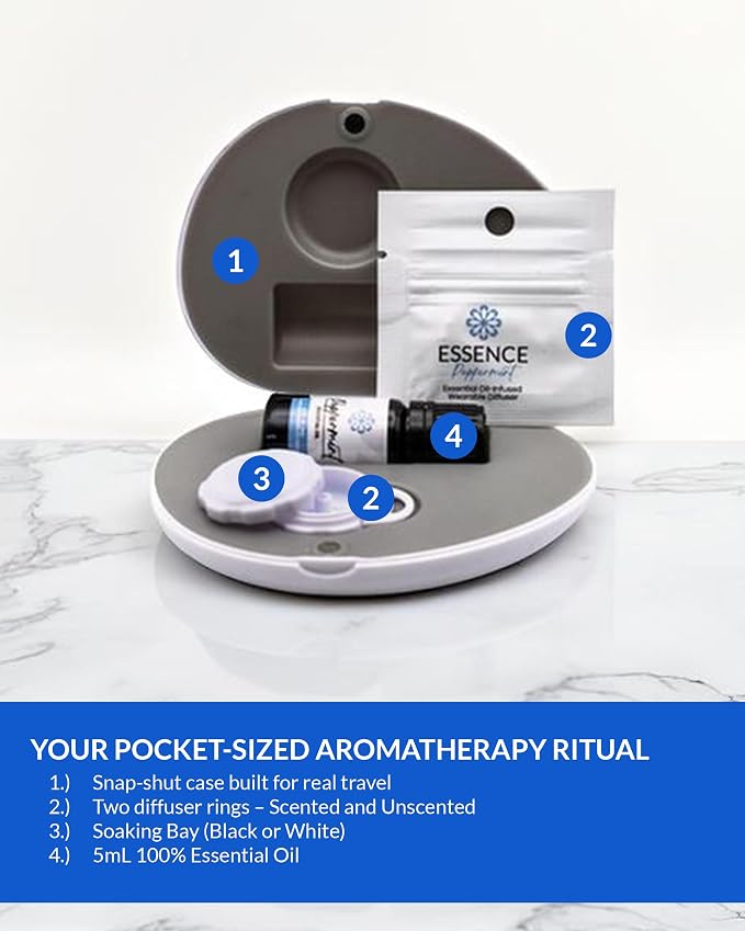 Essence Pearl Travel Case | Peppermint Essential Oil | Aromatherapy Nasal Diffuser & Essential Oil Carrying Case | Invigorating Peppermint Scent| Travel-Friendly Kit | White Pod