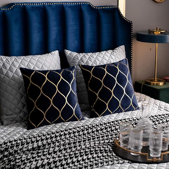 Gold Velvet Throw Pillow Covers Navy: 2 Pack 16x16 Inch Square Decorative Pillow Cases for Bedroom Sofa Couch Living Room