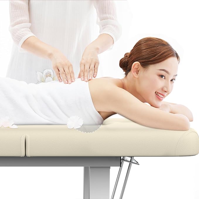 pouseayar Metal Frame Wide Stationary Massage Table for Treatment Table Physical Therapy Table Spa Facial Bed, PU Leather 31.5'' Wide 75'' Long (Beige Grey, Integral Structure)